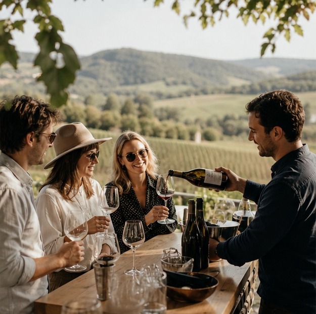 Guests tasting wine at a winery terrace