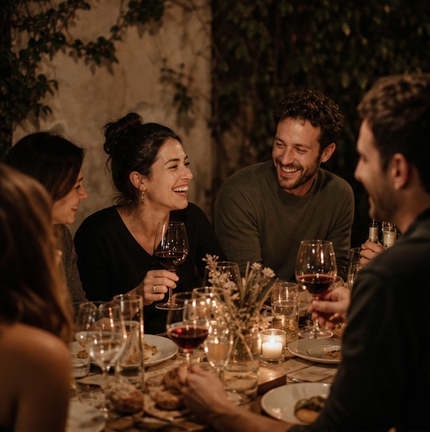 Friends sharing wine at a dinner table