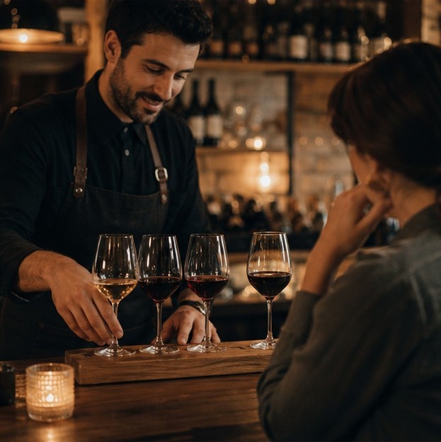 Wine bar with patrons and tasting glasses