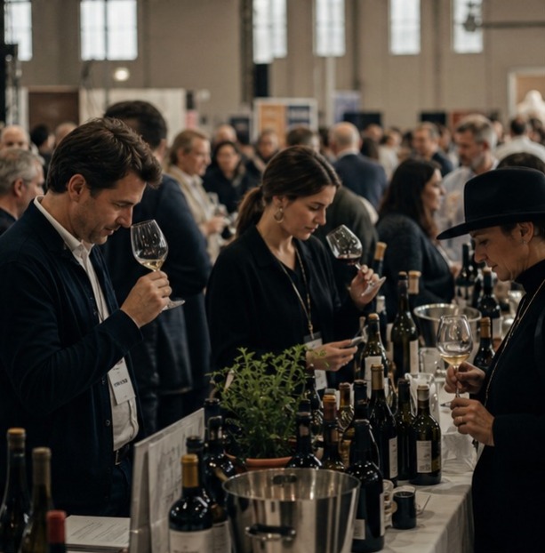 Busy indoor wine fair or expo tasting